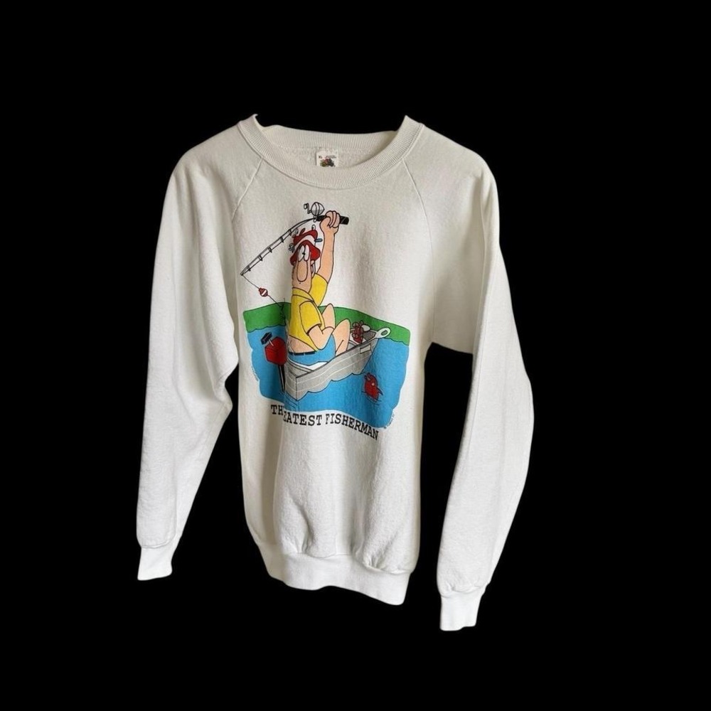 Sharky's 1989 Sweatshirt Sz XL Fishing Art‎ Funny Comic Raglan Sleeve White - Picture 4 of 8
